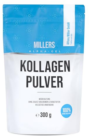100% reines Kollagen Pulver 300 g – Kollagen Peptide – Collagen Protein – Millers Alpha-Gel – Ohne Zusatzstoffe – Geschmacksneutral – Collagen Pulver – Alfons Miller – Deutsches Familienunternehmen