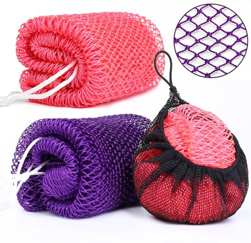 2 Pack African Net Sponge Exfoliating Body Scrubber Bath Sponge for Daily Use (Pink + Deep Purple)