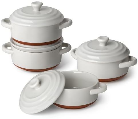 MALACASA Série TARA.BAKE, Mini Cocottes avec Couvercles en Porcelaine, Petits Ramequins 440ml Individuelles, Plats à Four Rondes avec Poignées 4 Pièces pour Soufflé, Crème Brûlée, Gâteau, Lasagnes