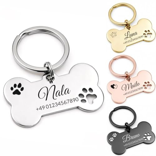 Hundemarke mit Gravur Personalisiert aus Edelstahl Hundeanhänger inkl. Schlüsselring - Namensschild für Halsband - Dog Tag Anhänger Marke für Hunde, Tiermarke für Katzen und Welpen (Knochen mit Pfote)