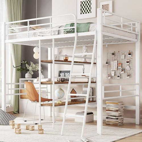 MQGPM Hochbett Metallbett 90x200 cm mit Schreibtisch und Leiter, Etagenbett mit Regale und Lattenrost, Bettgestell mit Rausfallschutz, Weiß