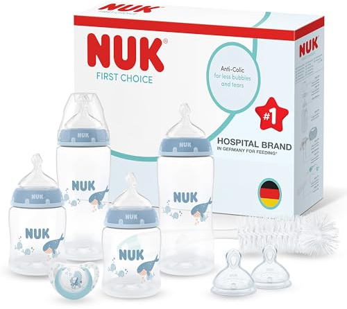 NUK First Choice Perfect Start Babyflaskset | 0-6 månader | 4 x Anti-kolikmatningsflaskor (150 ml, 300 ml), 2 x Nappar, 1 x First Choice Napp, 1 x Flaskborste | Val | 8 stycken