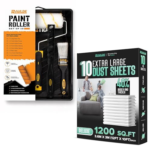 Raulde Combined Painting Set | 10-Piece Paint Roller Kit with 10 Large Dust Sheets, Brushes, Trays, Masking Tape & Plastic Sheets for Walls & Furniture