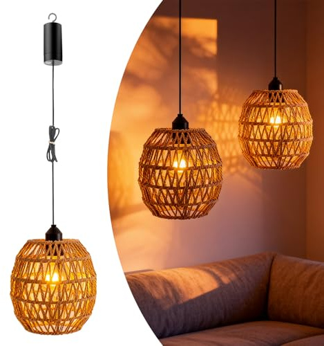 ExKeen Hängelampe Rattan, 2 Stück Vintage Pendelleuchte Akku, Lampenschirm Hängelampe Boho Ohne Strom, E27 Outdoor Hängend Lampe für Patio Bar Garten Terrasse Wohnzimmer Schlafzimmer