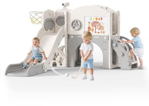 10-in-1 Toddler Slide & Activity Center,Indoor Outdoor Kids Playground Set with Basketball Hoop,Golf Course,Tunnel,Telescope & Drawing Board - Freestanding Play Toy for Toddlers (Beige-gray)