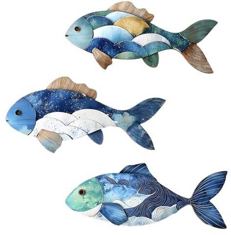 Kisstta 3 Stück Wand Deko Holz Fisch Set, Blau Holzfisch Badezimmer Deko, Klebende Maritime Strand Wanddeko Holz für Wohnzimmer, Schlafzimmer, Ferienhaus (Blau 1)