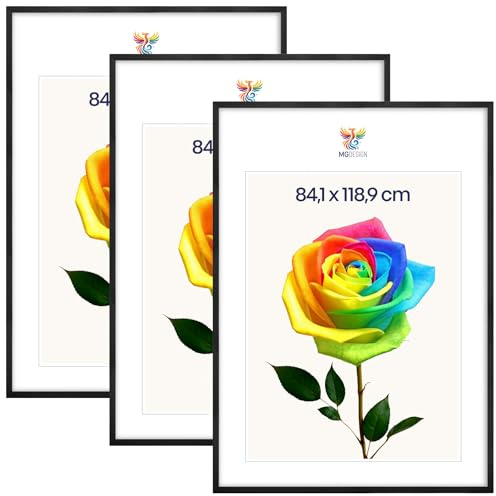 MG Design 3er Set Bilderrahmen A0 84,1 x 118,9 cm – Posterrahmen mit Schwarz Echtholzrahmen und bruchsicherem Acrylglas, Hoch & Quer mit verstärkter Wandaufhängung