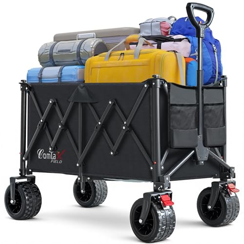 COMLAX FIELD Chariot Pliable 200L 200KG, Chariot Pliable avec Roues Larges, Chariot de Plage Pliable avec Freins, Charrette Noire