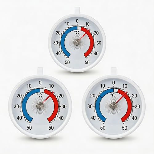Lantelme Kylskåpstermometer 3 stycken att hänga upp | Ø 7 cm | temperatur + – 50 °C analog | termometer vit för frys, isfack, kyldisk, kylfack, kylskåp | bimetall, analog