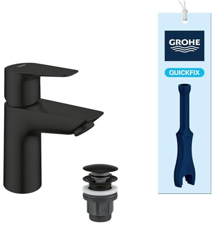 GROHE Start Edge QuickFix – Grifo de lavabo (Tamaño S, cuerpo liso, desagüe Push-Open, ahorro agua/energía, cartucho 28mm, QuickTool incluido), Negro Mate, 239002431