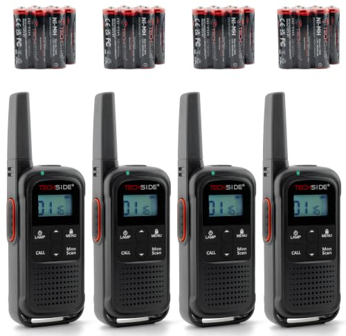 TechSide TS-T3 Go Ricetrasmittente PMR446, 16 Canali, Portata 10 km, Ricarica USB-C, con batterie ricaricabili, Torcia LED, 4 Pezzi Ver.2