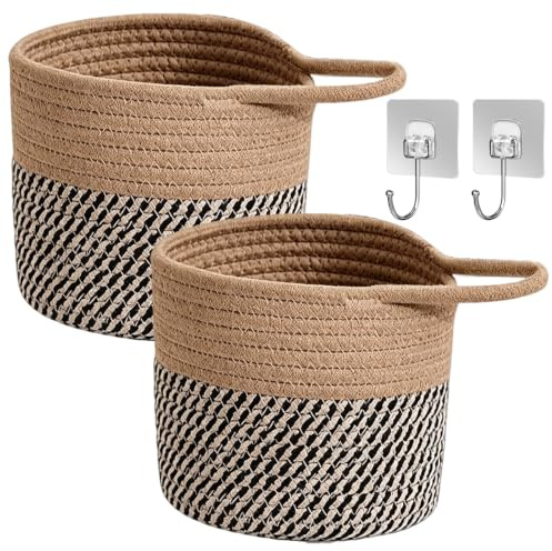 2 Stück Hängekorb, Wandkörbe Baumwollseilflechten Aufbewahrungskörbe mit Griff Hängekörbe Korb zum Aufhängen Körbchen Klein für Küche Bad Schlafzimmer Wohnzimmer (Bräunlich Schwarz)