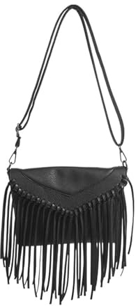 Zymjzbetic Fransväska Tassel Crossbody Handväskor Vintage Dragkedja Casual Läder Elegant Justerbar Rem Semester Weekend För Kvinnor, svart, 23x3x18cm