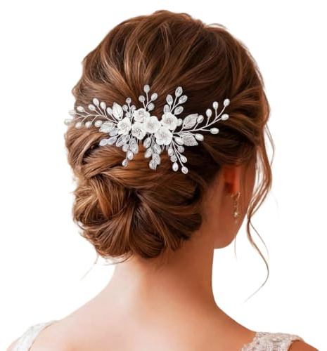 VYZUTR Brud hårprydnad bröllop hårkam – elegant huvudbonad med pärlor, strass, blommor och blad för kvinnor och flickor, vitt bröllop hårtillbehör för brudfrisyrer