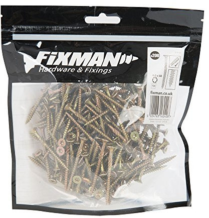 Fixman 619135 Verzinkte Spanplattenschrauben, 200er-Packung, Gold, 4 x 50 mm
