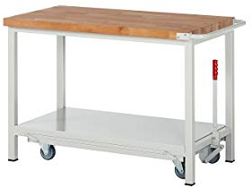 eurokraft | Fahr- und absenkbare Werkbank | Gestellbauweise Serie 8000 | 1 Ablageboden | BxT 2000 x 700 mm