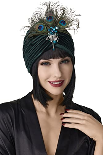 BABEYOND Damen Turban Hut mit Abnehmbarer Kristall Brosche 1920s Retro Feder Turban Hut Gatsby Accessoires