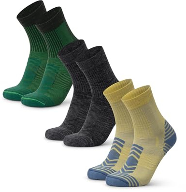 DANISH ENDURANCE Leichte Merino Wandersocken, 3 & 5 Paar, Mehrfarbig (1xGrün, 1xDunkelgrau, 1xGelb), 31-34