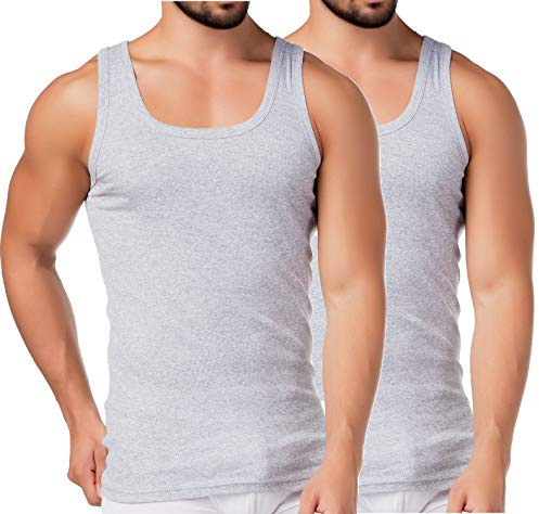 BestSale247 Pack de 2 Interiores clásicas para Hombre, Camisas de axila, Acanalado Fino (Liso), 100% algodón Gris Jaspeado/2 Unidades. L
