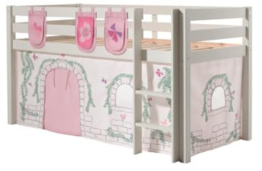 Vipack Spielbett Pino mit Textilset Vorhang und 3 Taschen Birdy Kiefer massiv weiß lackiert