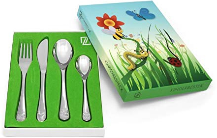 Brillibrum Design Kinderbesteck Set 4-teilig aus Edelstahl mit Namens Gravur Besteck ab 3 Jahre für Kleinkinder mit Insekten Moiv Essbesteck Set Messer Gabel Löffel (Gravur bis 20 Zeichen, Insekten)