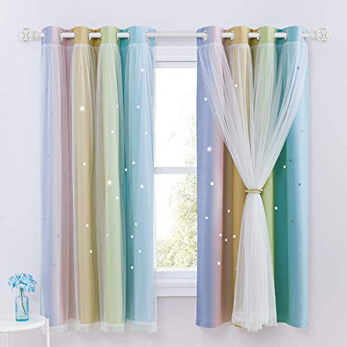 NICETOWN Kinderzimmer Vorhang Mädchen 2 Stücke H 160 x B 132 cm Sterne Gardinen Kurz Dekoration Doppellagige Verdunklungsvorhänge mit Voile, Regenbogen-2