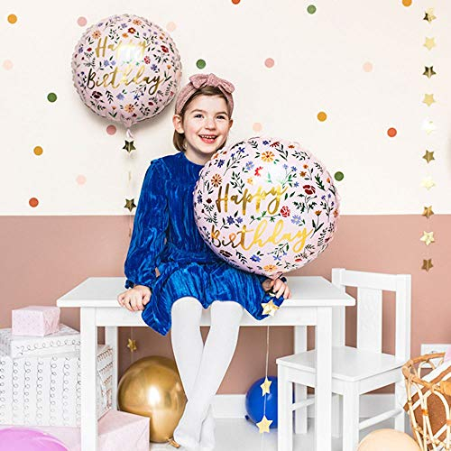 Ballon en Aluminium Mat - Couleur Rose Clair - Motif Floral et inscription « Happy Birthday » - Taille 35 cm - Fête Anniversaire