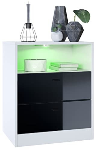 Vladon Kommode Pino V1, Made in Germany, Nachttisch mit 2 Schubladen & 1 offenem Fach, Weiß matt/Schwarz Hochglanz mit LED RGB (56 x 67,5 x 36 cm)