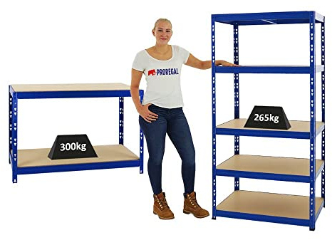 PROREGAL Mega Deal | 1x Schwerlastregal Tiger & 1x Werkbank Tiger | Fachlast bis 300kg | Blau | Werktisch Arbeitstisch Kellerregal Lagerregal