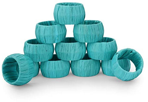 Ajuny Handgefertigter Serviettenring aus Bast Rattan Türkis Runden Dekorativ 3.8 cm Serviettenhalter für Tischdekoration Esszimmer Hochzeit Abendessen Party Tischdekoration – 12er Set