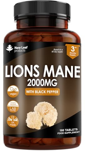 Lions Mane Mushroom 2000mg - 180 High Strength Vegan Tablets - Lion's Supplement with Black Pepper - Mushrooms Extract (Not Powder or Capsules) Made in The UK by New Leaf products