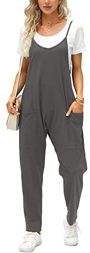 Ebifin Women's Dungarees Sleeveless Summer Long Overalls V Neck Jumpsuit Loose Playsuits with Pockets, darkgray, M