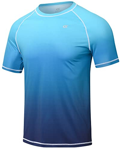 Satankud Rash Guard for Men UPF 50+ Swim Shirt Short Sleeve Sun Shirts Beach Swimwear Fishing Hiking Workout Tee (Blue Gradient,Large)