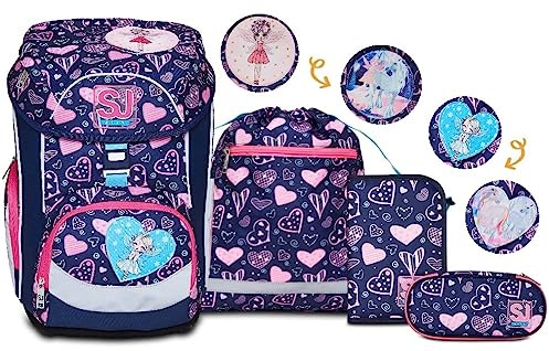 SJ Schulranzen Set 4-teilig Ergonomischer Schulrucksack, Ultraleichte Schultasche, 22 LT, ab 1. Klasse mit Mäppchen und Turnbeutel, Kinder Grundschule Mädchen Jungen