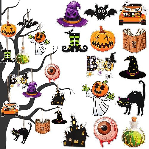 COLOFALLA 26 Stücke Halloween Hängende Deko Anhänger aus Papier Halloween Party Deko Innen DIY Halloween Banner Girlande Kürbis Fledermaus Gespenst Hexenhut Element