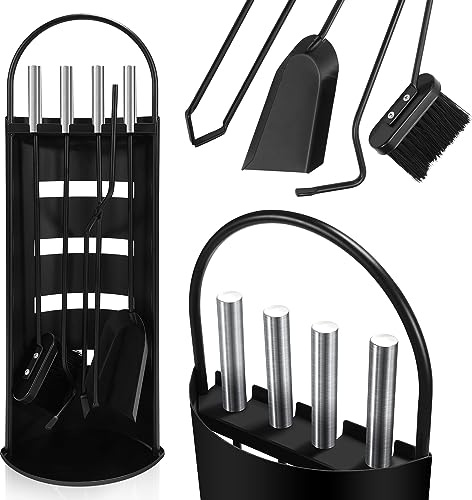 Herrselsam Kaminbesteck Set 5 teilig Kaminzubehör mit praktischer Kaminaufbewahrung für Küche Haushalt Wohnen Wohnaccessoires Deko Kaminreinigungsset Kaminwerkzeuge Schwarz
