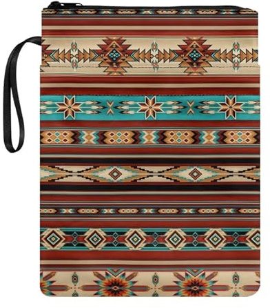 NETILGEN Buchhülle im Azteken-Stil, mit Reißverschluss und Vordertasche, Stifthalter, Geschenk für Buchliebhaber, waschbar, Stoff, Buchschutz, Taschenbuch, Buchhülle, Braun