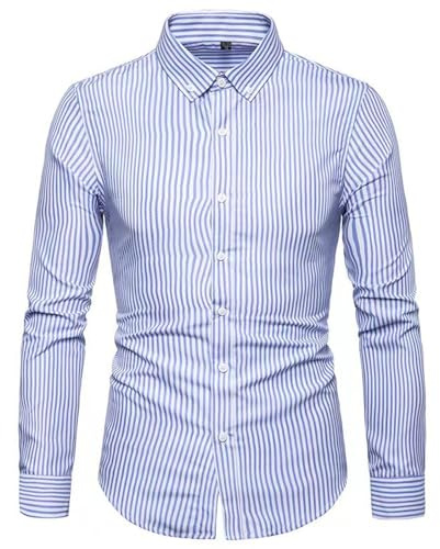 CUTeFiorino Chemise à manches longues pour homme - Rayée blanche - Décontractée - Manches longues - Avec col rabattu - Pour homme, bleu clair, M