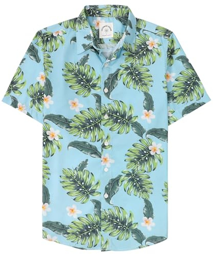 Dubinik® Hawaii-skjorta, kortärmad skjorta, sommarskjorta, Aloha-skjorta, button down, fritidsskjorta för män, Hawaii-skjorta, män, normal passform, Himmelsblå, gröna blad och vita blommor 024, XXL