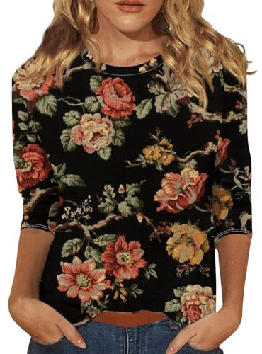 YunYoud Crop Tops Damen Weisses T Shirt Damen Mey Unterhemd Damen Sonnenblume Druck 3/4 Arm Bluse Rundhalsausschnitt Dreiviertelarm Shirt Locker Trachtenshirt T Shirt (Orange, 4XL)