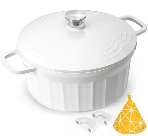 Dutch Oven 6 Quart Enameled Cast Nonstick Lightweight Iron Dutch Oven Pot with Self Basting Lid for Daily Cooking(White)