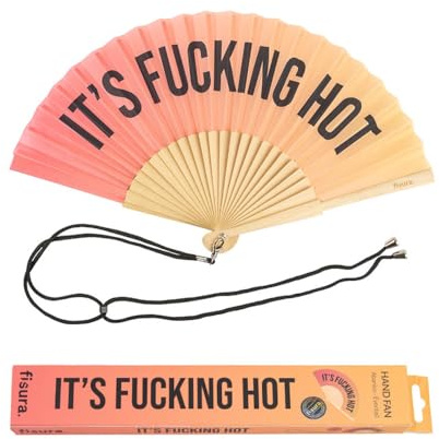 FISURA – Handfächer mit Spruch „F*cking Hot“, moderner Holzfächer, Handventilator im roten Farbverlauf, originelles Sommer Accessoire mit Aufhängeschlaufe, Geschenkidee, 42,5 x 23 cm