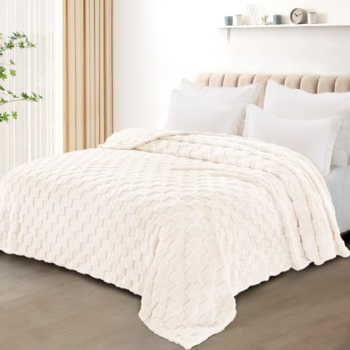 Exclusivo Mezcla Kuscheldecke Fleece-Decke, Superweiche 3D Karierte Wohndecke, Flauschige Tagesdecke für alle Jahreszeiten, 220 x 240 cm, Elfenbein