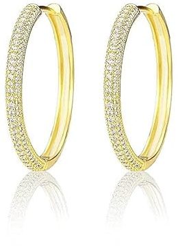 DJADEE Damen Ohrringe vergoldet 750 Gold 18 Karat, Creolen Oval 35 x 26 mm Cubic Zirkonia, wasserfest, hypoallergen