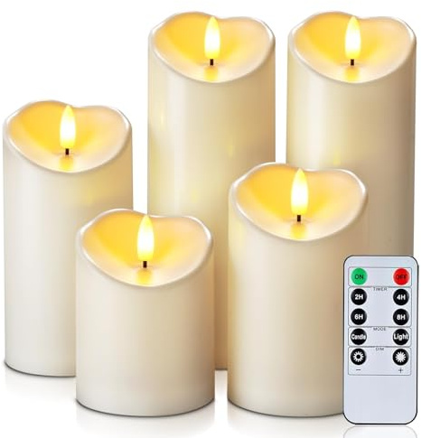 Homemory Outdoor Wasserdicht Flammenlose Kerzen, Batteriebetriebene LED-Kerzen mit Fernbedienung und Timer, Elektrische Gefälschte Kunststoff-Säulenkerzen, Elfenbein Weiß, 5er-Set | IP65, 3D-Flamme, LED Kerzen mit Fernbedienung & Timer, Kunststoff, für Garten, Balkon, Halloween & Advent,Weihnachten