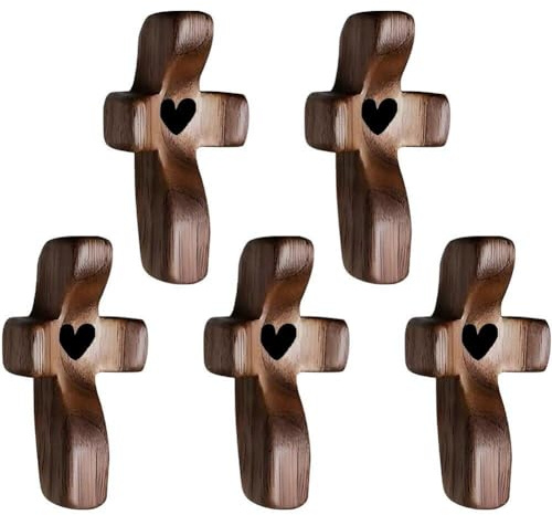 Muteitt Cross My Heart Regalo De Aliento, 5 Piezas Cruz De Madera con Punta De Dedo Regalos para Aliviar Estrés Bolsillo Pequeña Cruz Cruz De Madera De Mano