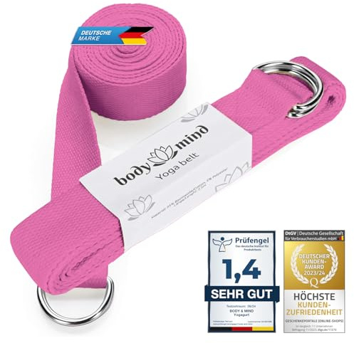 Ceinture de yoga en coton 100% naturel - 250 cm de long ; ceinture de yoga avec fermeture par anneau en D pour débutants et avancés ; exercices de Pilates, yoga et fitness (quartz rose)