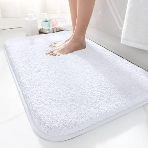LUOJINYI Badmatta 50 x 80 cm halkfri, mjuk vattenabsorberande, lurvig mikrofibermatta för badrummet, badrumsmatta maskintvättbar för badkar, dusch och badrum (vit)