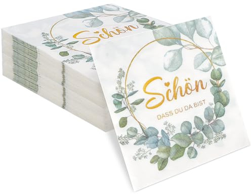 Komoke 40 Stück Servietten Geburtstag, Servietten Schön dass du da bist, Elegante Tischdeko Geburtstag, Party & Hochzeit, Hochwertige Servietten mit Spruch für Gäste, 3-lagige Papierservietten 33x33cm