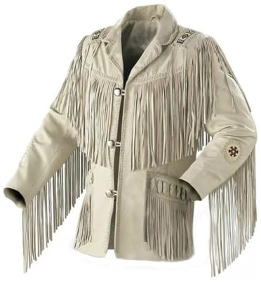 Rumble Products - Chaqueta tradicional de vaquero occidental para hombre | Piel de gamuza nativa americana | Chaqueta con cuentas y flecos, Blanco beige, Small